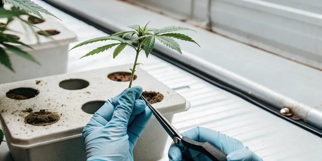 Gloved hands pruning a vibrant plant in a white pot under warm grow lights in a professional indoor grow room.