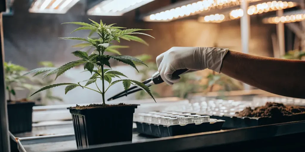 Gloved hands carefully trimming a young plant in a biodegradable pot under bright grow lights in a professional indoor setting.