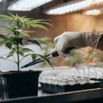Gloved hands carefully trimming a young plant in a biodegradable pot under bright grow lights in a professional indoor setting.