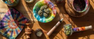 A variety of colorful smoking accessories and cannabis on a wooden table.