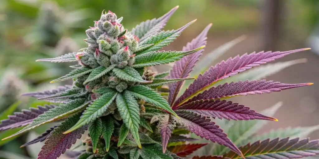 Cannabis strain with purple leaves and frosty buds growing.