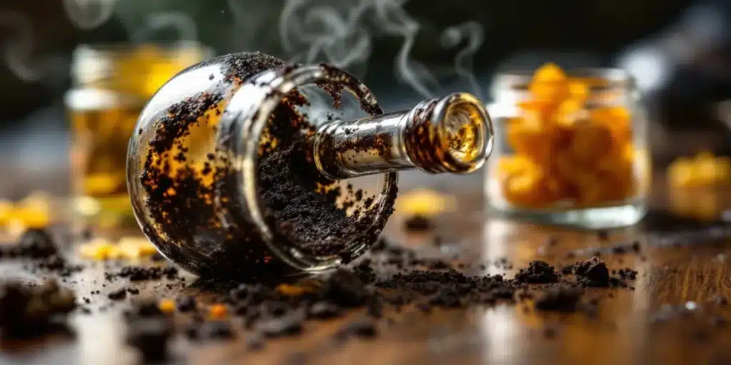 Close-up of reclaim weed resin collected in a glass container on a wooden surface