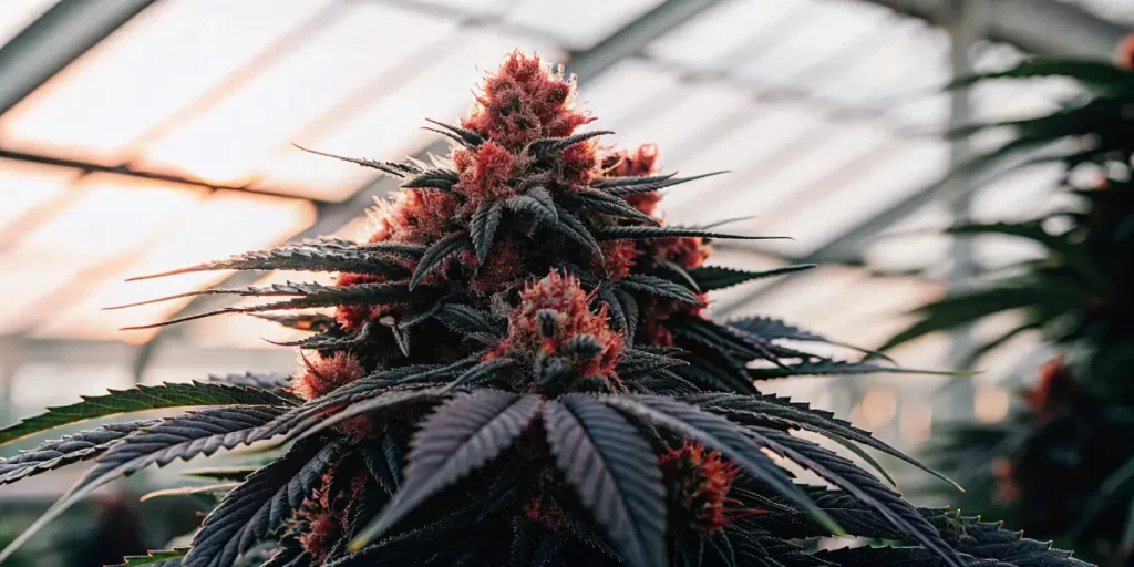 Hyper-realistic GSC x Gelato cannabis plant with dense reddish-orange buds and dark leaves in a greenhouse.