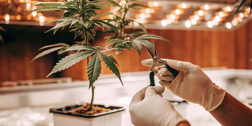 Gloved hands carefully trimming the base of a small plant in a white rooting cube with small shears.