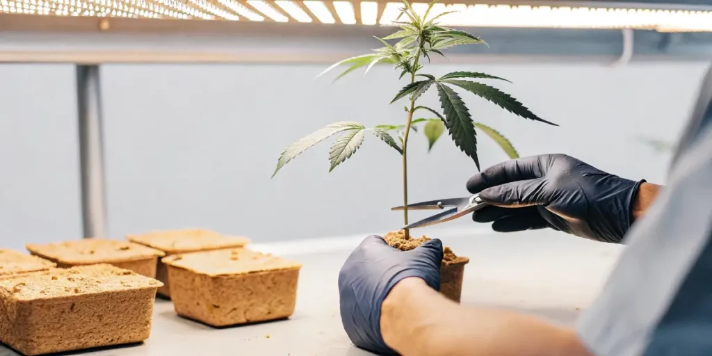 Gloved hand holding a tool near a healthy seedling in a black pot, surrounded by seed trays in a professional indoor setting.