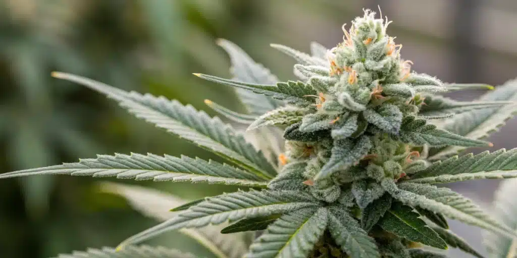 Close-up of a Silver Surfer Haze bud with a silvery sheen and detailed trichomes.