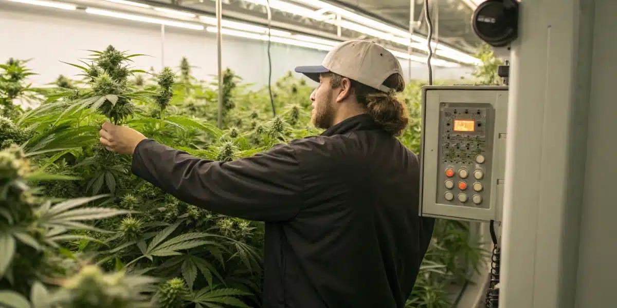 Grower adjusting digital environmental controls in a cultivation room with Silver Surfer Haze plants.