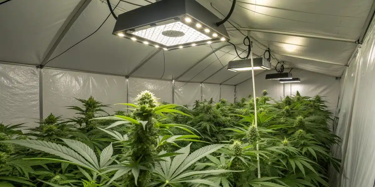 Indoor high-ceiling grow tent with Silver Surfer Haze plants, advanced LED lighting, and reflective surfaces.