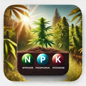 Illustration of a cannabis plant with NPK symbols for outdoor cannabis nutrients, emphasizing nitrogen, phosphorus, and potassium ratios.