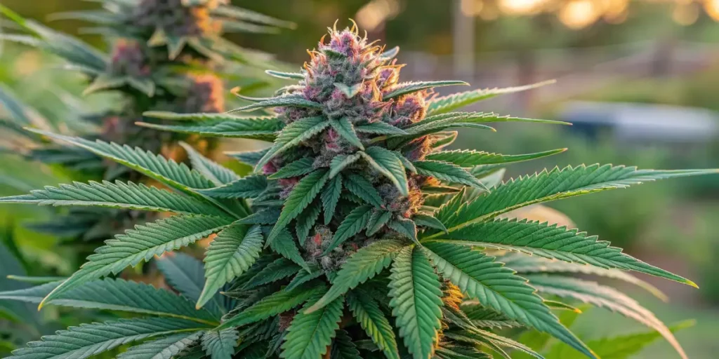 Skywalker cannabis plant with dense buds under the sunset sky, showing green leaves and red pistils.