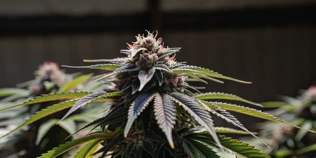 Skywalker cannabis plant with dark green leaves and frosty buds under natural light.