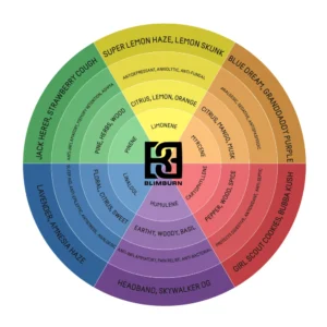 Terpene wheel showcasing different cannabis strains and their associated terpenes, highlighting flavors like citrus, pine, and spice.