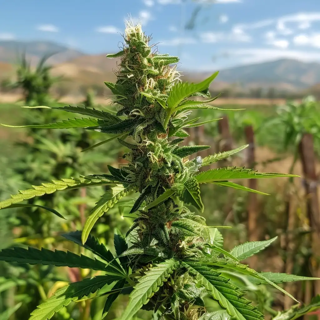 Outdoor cannabis plant with dense buds, suitable for use with a chamber bong, growing under bright sunlight.