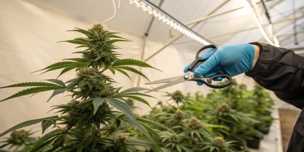 A young autoflowering cannabis plant in the vegetative stage, about 3-4 weeks old, with clear indicators of the right time to be topped. The image includes soft lighting, detailed leaf structures, and a subtle overlay of text or markers highlighting where to cut for optimal results.