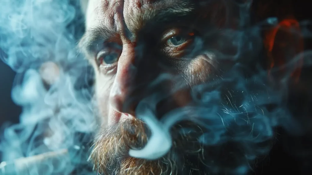 Close-up of a person inhaling from a traditional bong, surrounded by smoke, highlighting the experience with a chamber bong.
