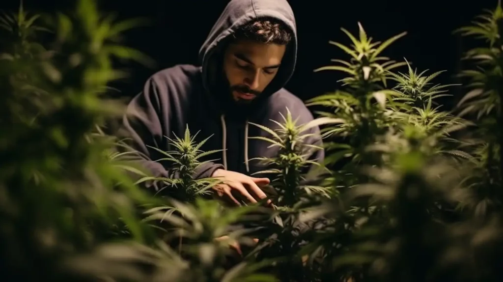 Grower checking autoflower plants under controlled light conditions, highlighting the light cycle necessary for cultivation.