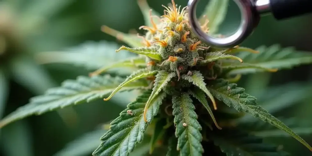 macro view of cannabis bud trichomes through a magnifying glass