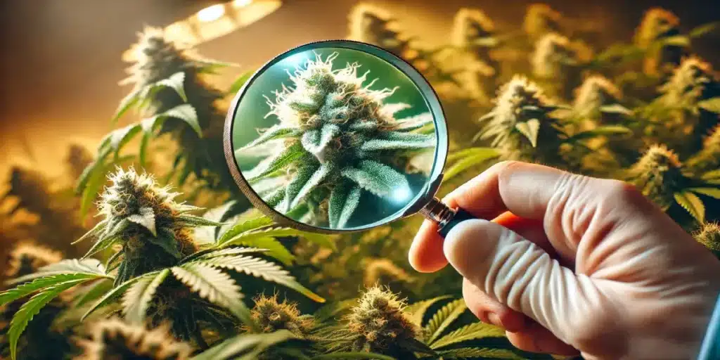 hand holding magnifying glass inspecting cannabis bud in indoor grow room