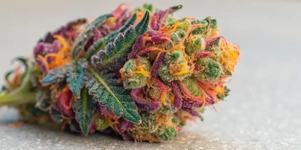 Close-up of a Zkittlez Regular bud with multicolored hues and dense resin on a neutral background.