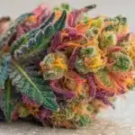 Close-up of a Zkittlez Regular bud with multicolored hues and dense resin on a neutral background.