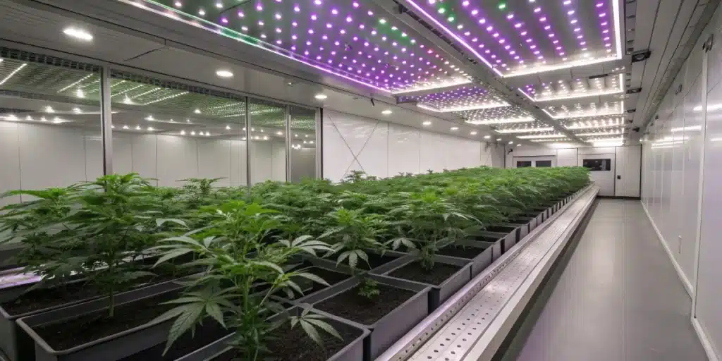 Zkittlez cannabis plants thriving indoors under vibrant LED grow lights in a controlled environment