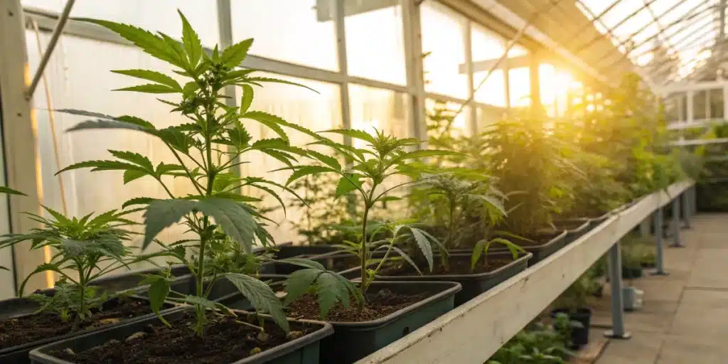 Zkittlez cannabis plants flourishing naturally in pots within a sunlit greenhouse.