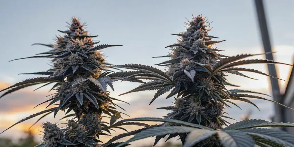 Dense Rainbow Chip F2 cannabis buds with purple hues at sunset outdoors.