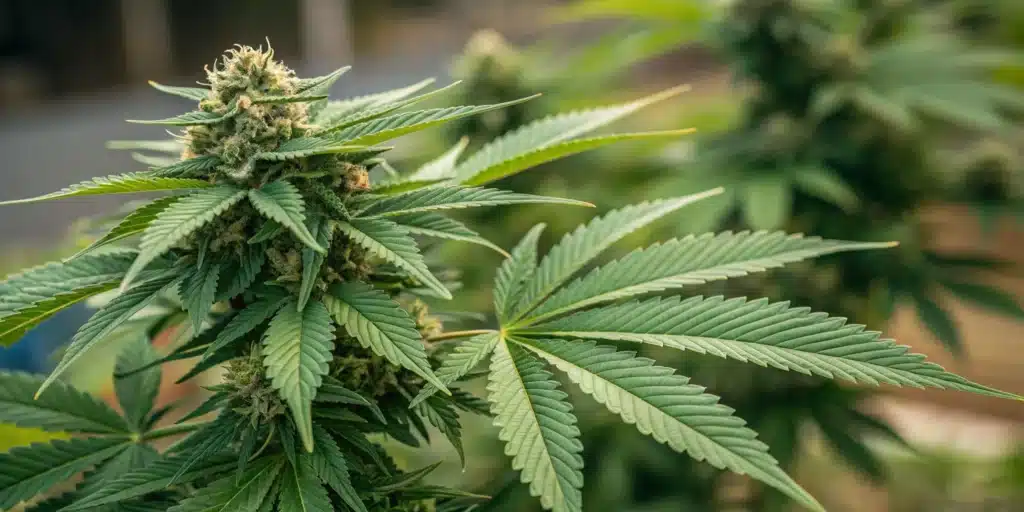 Young cannabis plant with bright green leaves growing in a terracotta pot.