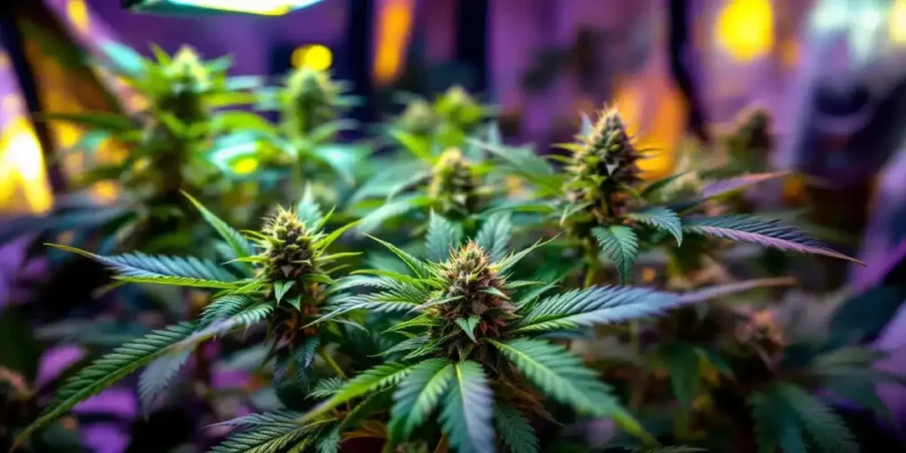 Dense cannabis buds thriving under colorful LED lights in an indoor grow room.