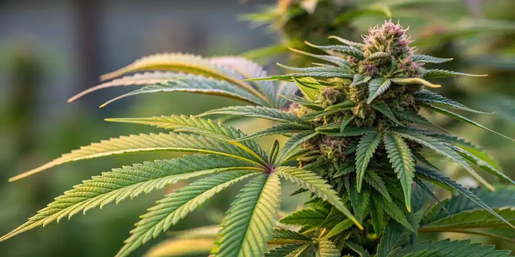 Mature cannabis plant with thick buds under natural sunlight in a pot.