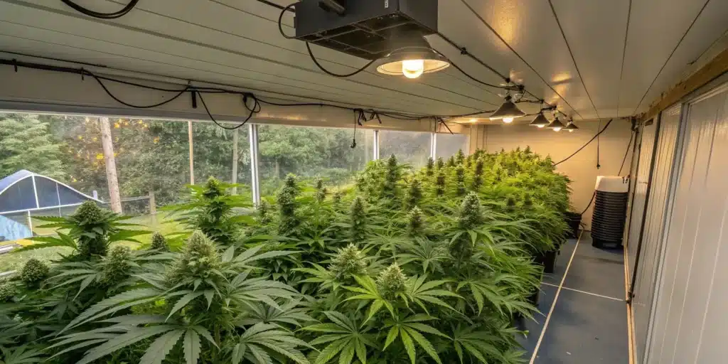 Indoor cannabis greenhouse with tall, flowering plants under artificial lights, featuring large windows that provide a view of the outdoor greenery.