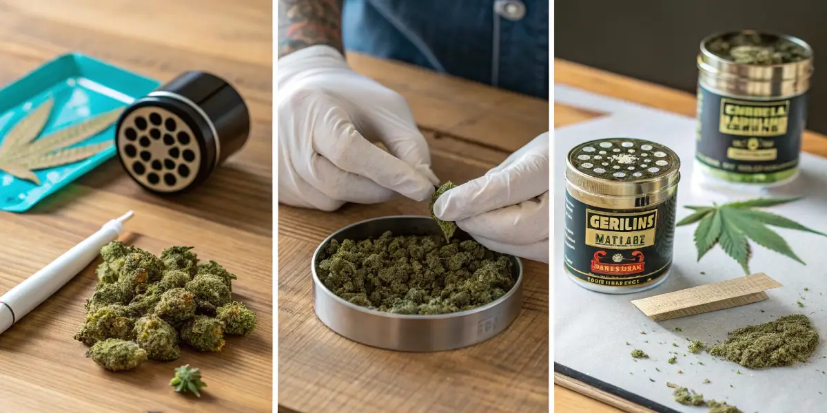 Step-by-step process of rolling a cannabis joint with buds, grinder, and rolling paper.