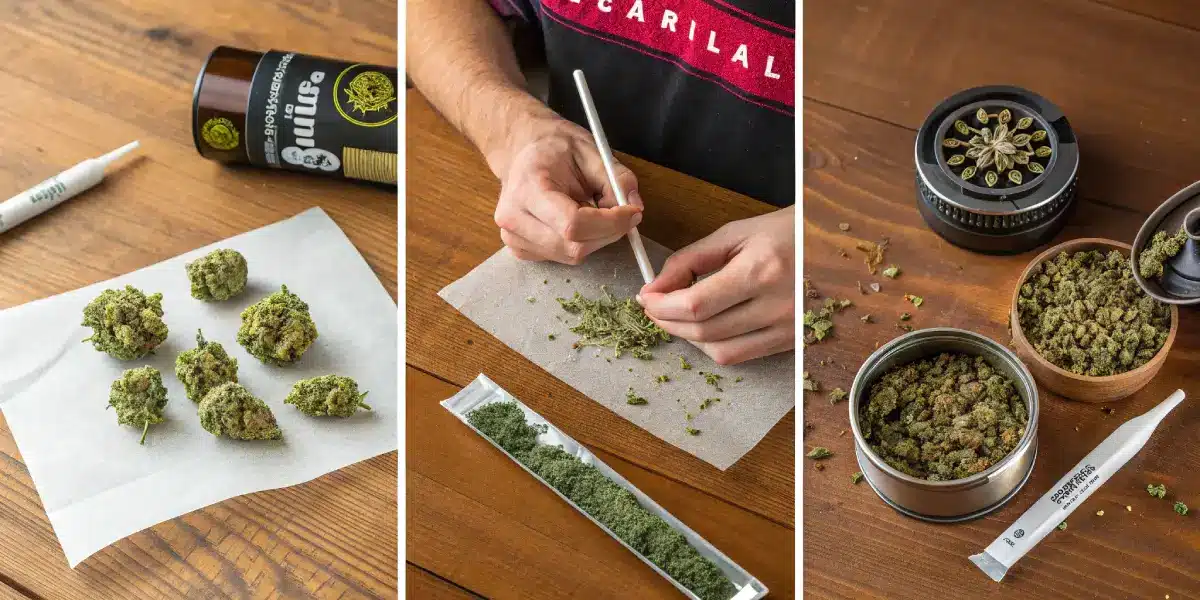 Sequential steps of rolling a cannabis joint, including shaping and finalizing the roll.