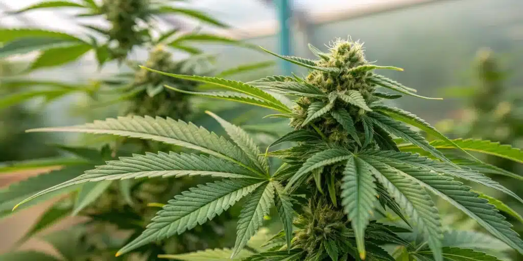 Close-up of a cannabis plant with sharp, vibrant green leaves.