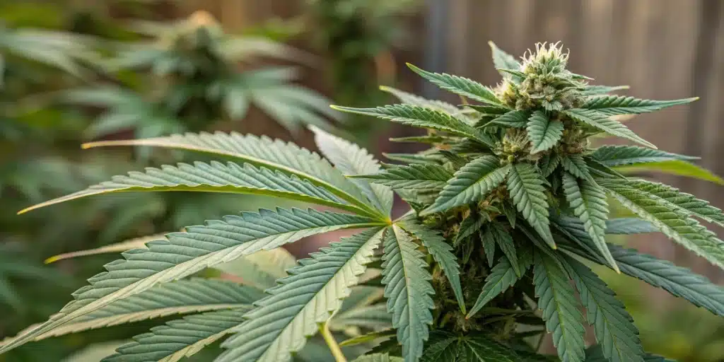 Cannabis plant with purple-hued buds and bright green leaves in soft sunlight.