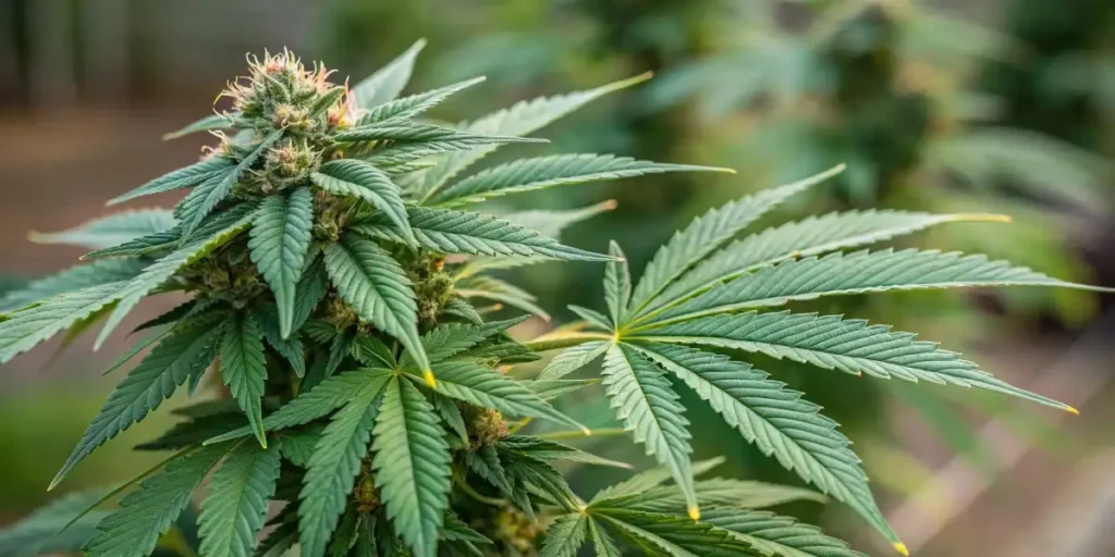 Cannabis plants growing in pots near a window, absorbing sunlight.