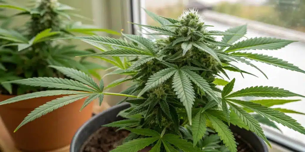 Lush green cannabis plant with dense buds growing in a pot near a window.