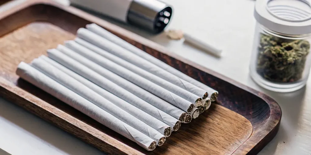 Neatly packed cannabis pre-rolls arranged in a wooden tray beside a grinder and jar of weed.
