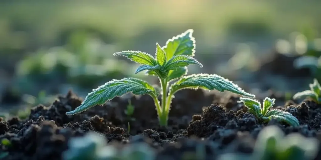 Young cannabis seedling emerging from nutrient-rich soil in morning light