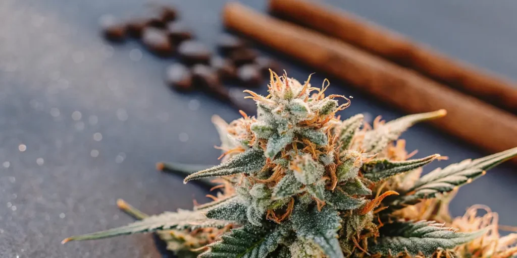 Close-up of a frosty Chocolopez cannabis bud with cinnamon sticks and coffee beans in the background