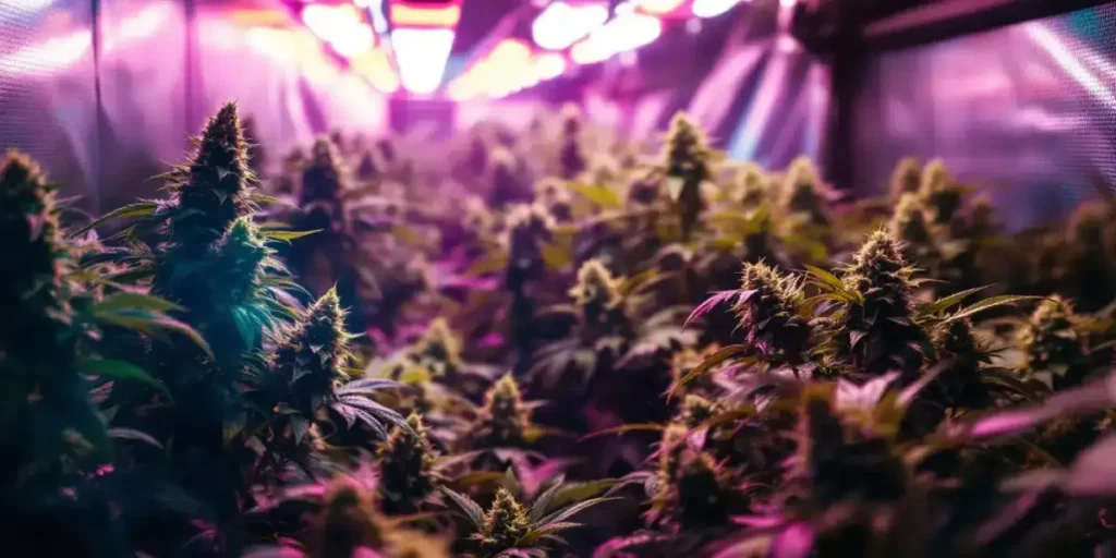 Chocolopez cannabis plants growing under purple LED lights in an indoor setup
