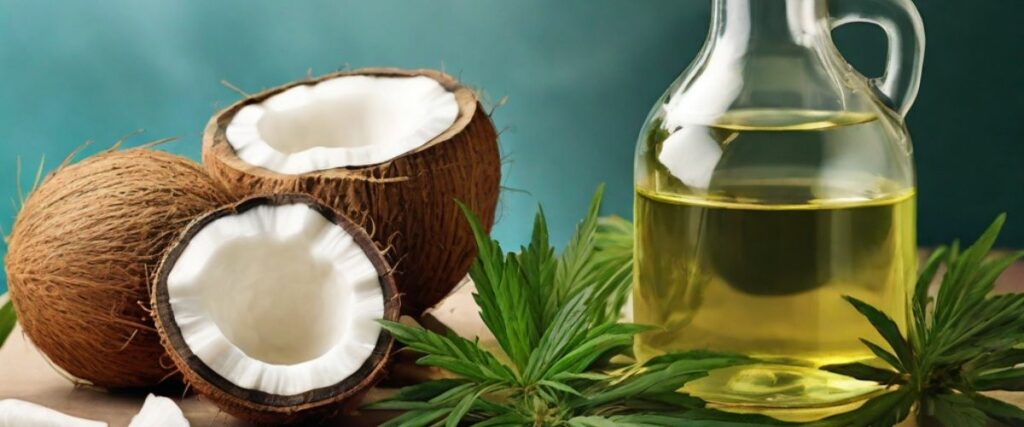 Ingredients for a coconut oil weed recipe, including coconut halves and cannabis leaves.