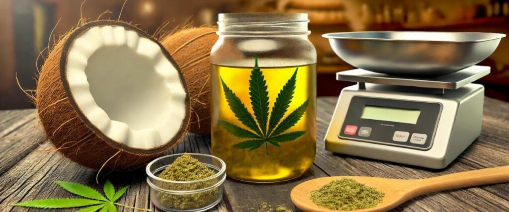 Preparation of coconut oil infused with weed on a kitchen table.
