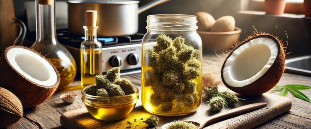 Step-by-step process of making a coconut oil weed recipe in a kitchen setting.