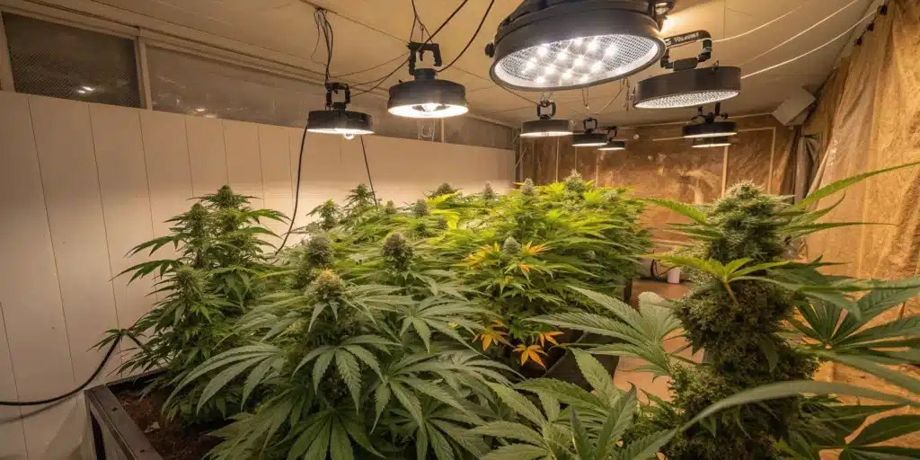Cannabis grow room with lush green plants under bright LED grow lights, featuring dense buds and controlled indoor cultivation setup.