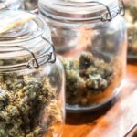 Glass jars filled with cannabis buds, securely stored on a wooden surface.