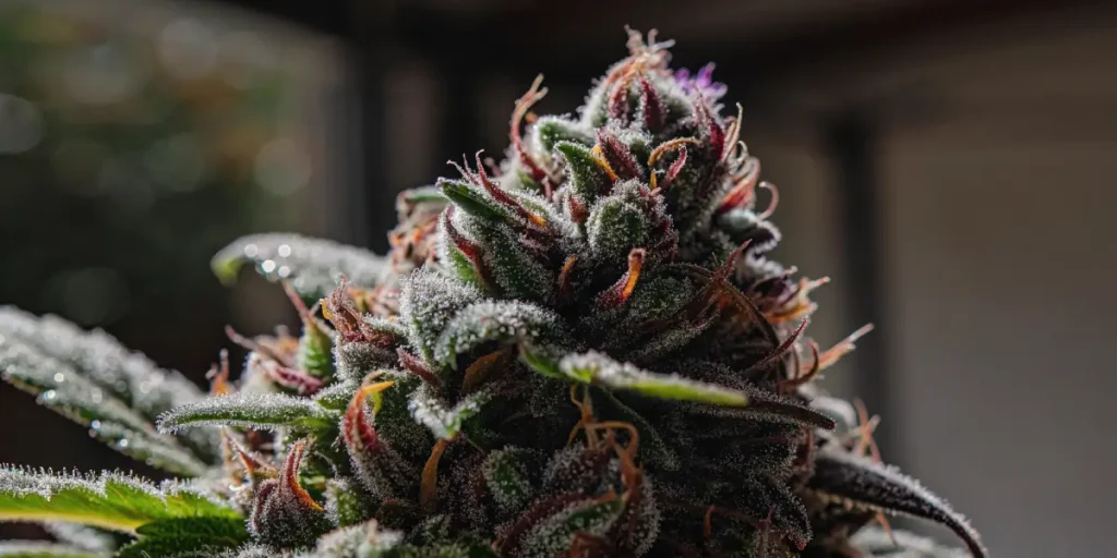 Close-up of a frosty cannabis bud with purple and orange pistils against a dark background