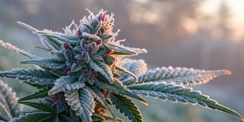 Outdoor cannabis bud covered in frosty trichomes with sunrise lighting