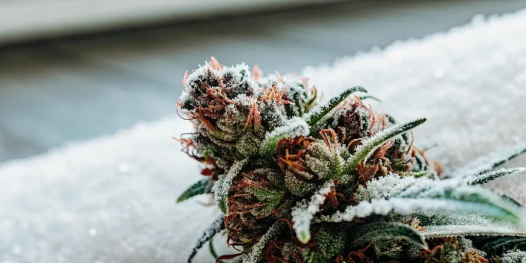 Frosty cannabis bud with orange hairs resting on a snowy surface