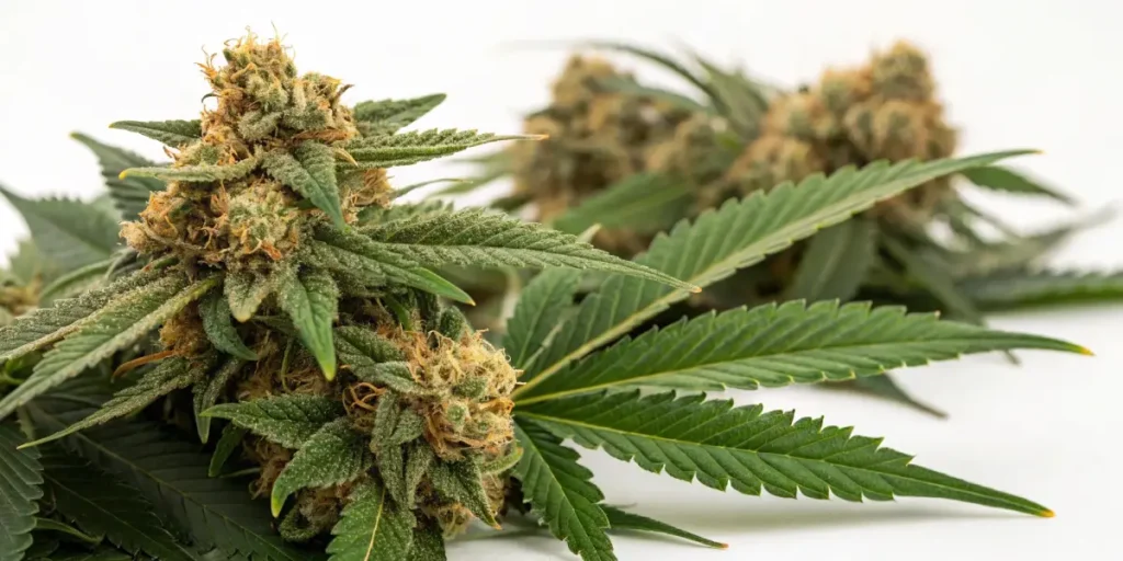 fully packed greenhouse with cannabis plants in full flowering stage under sunny skies